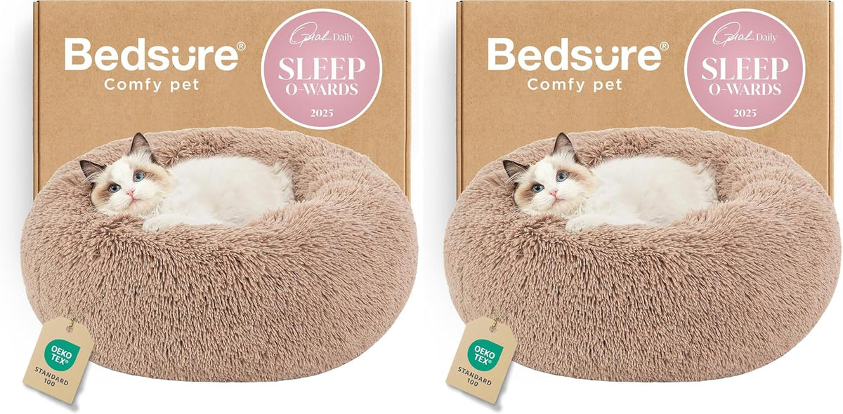 Bedsure Calming Small Medium Dog Bed Donut Washable Puppy Bed,27ins Camel