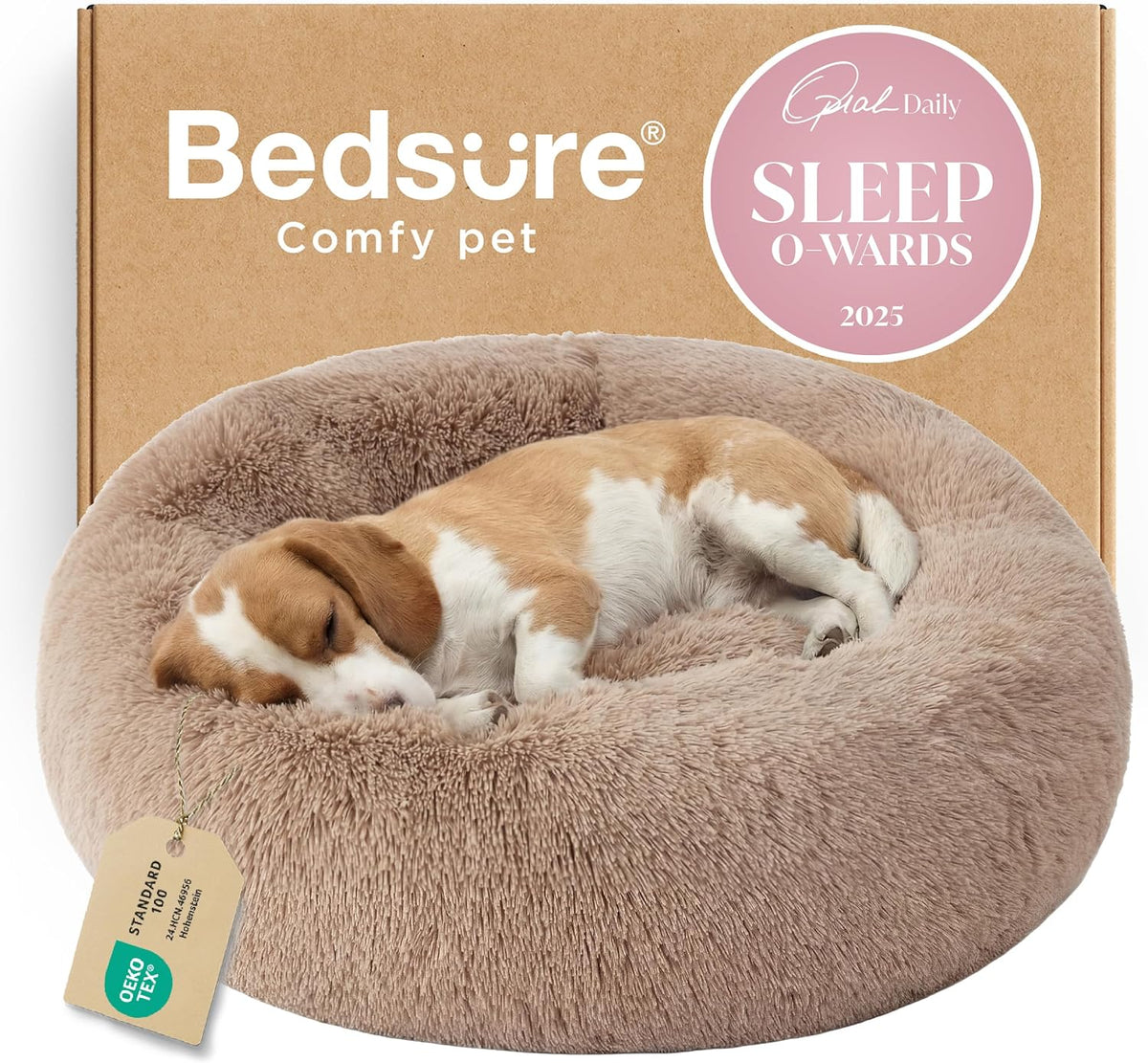 Bedsure Calming Small Medium Dog Bed Donut Washable Puppy Bed,27ins Camel