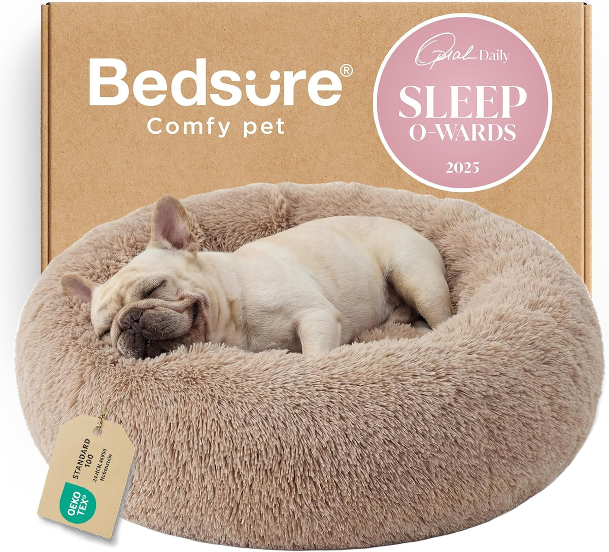 Bedsure Calming Small Medium Dog Bed Donut Washable Puppy Bed,27ins Camel