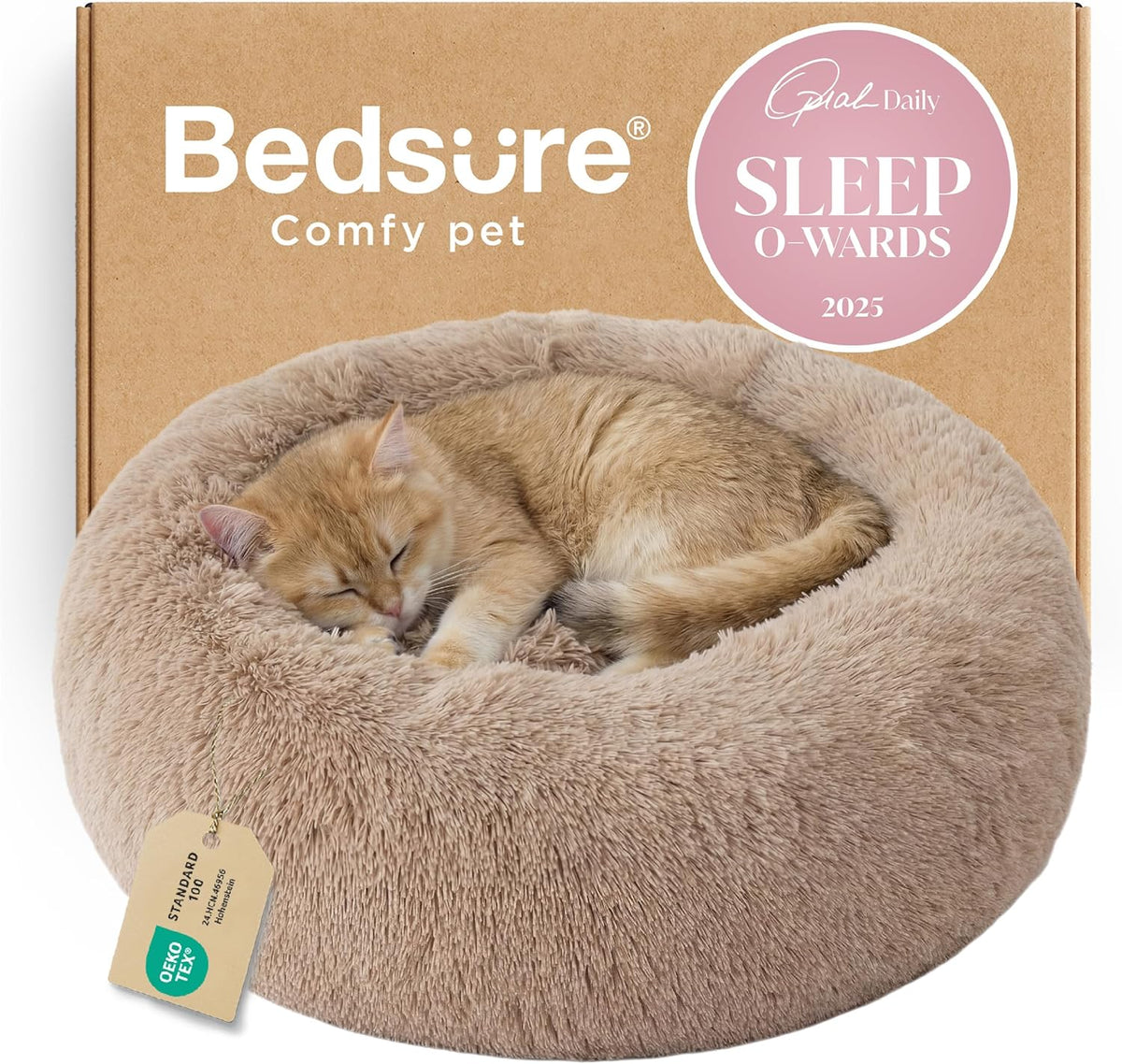 Bedsure Calming Small Medium Dog Bed Donut Washable Puppy Bed,27ins Camel