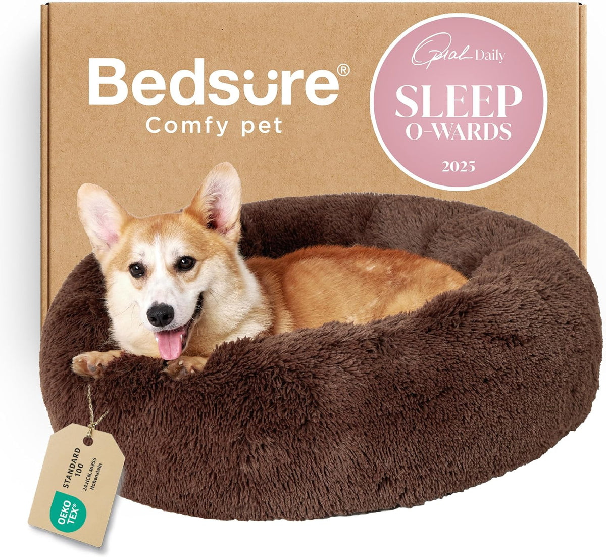 Bedsure Calming Small Medium Dog Bed Donut Washable Puppy Bed,27ins Camel
