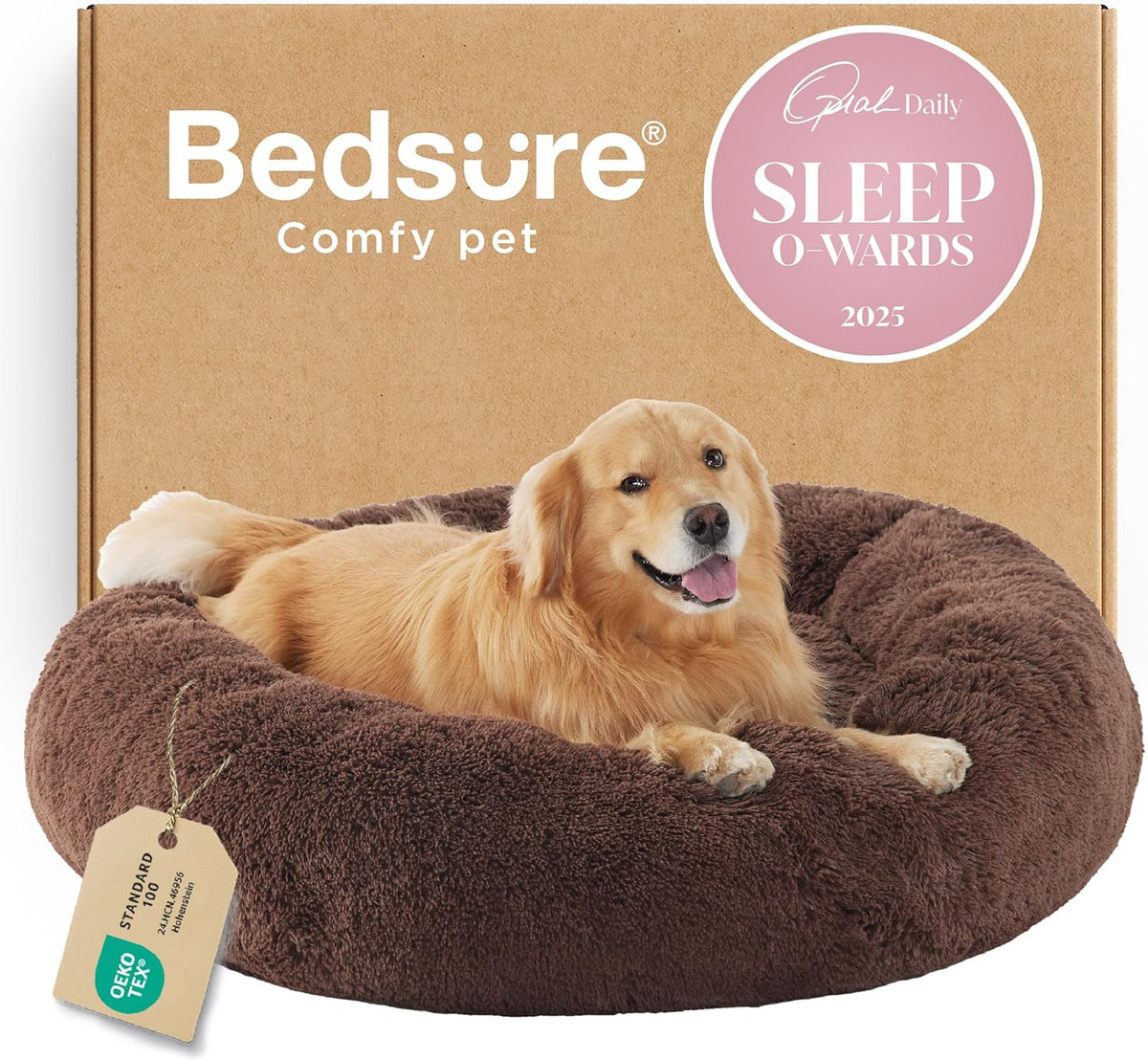 Bedsure Calming Small Medium Dog Bed Donut Washable Puppy Bed,27ins Camel
