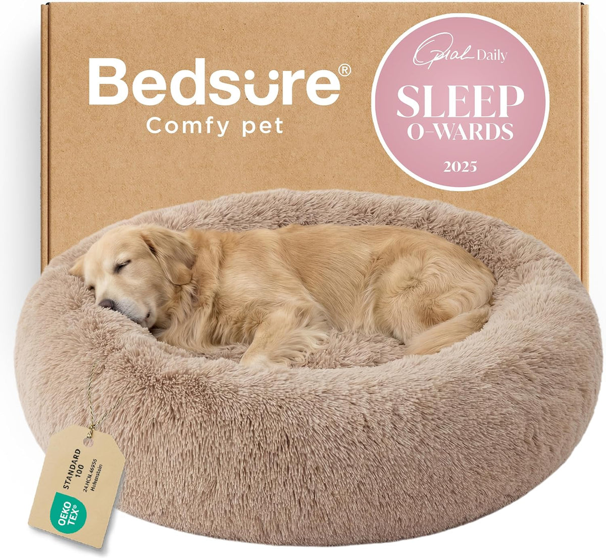 Bedsure Calming Small Medium Dog Bed Donut Washable Puppy Bed,27ins Camel