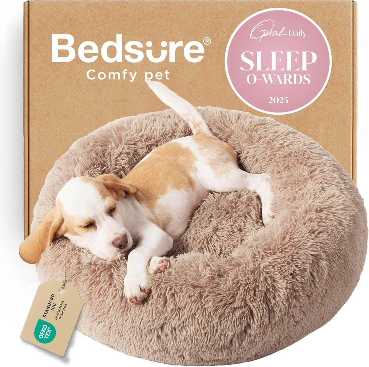 Bedsure Calming Small Medium Dog Bed Donut Washable Puppy Bed,27ins Camel