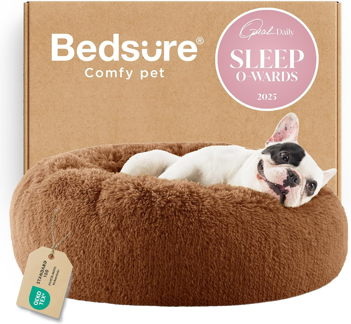 Bedsure Calming Small Medium Dog Bed Donut Washable Puppy Bed,27ins Camel