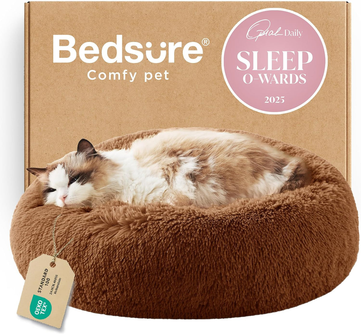 Bedsure Calming Small Medium Dog Bed Donut Washable Puppy Bed,27ins Camel