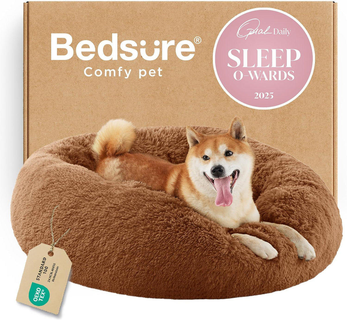 Bedsure Calming Small Medium Dog Bed Donut Washable Puppy Bed,27ins Camel
